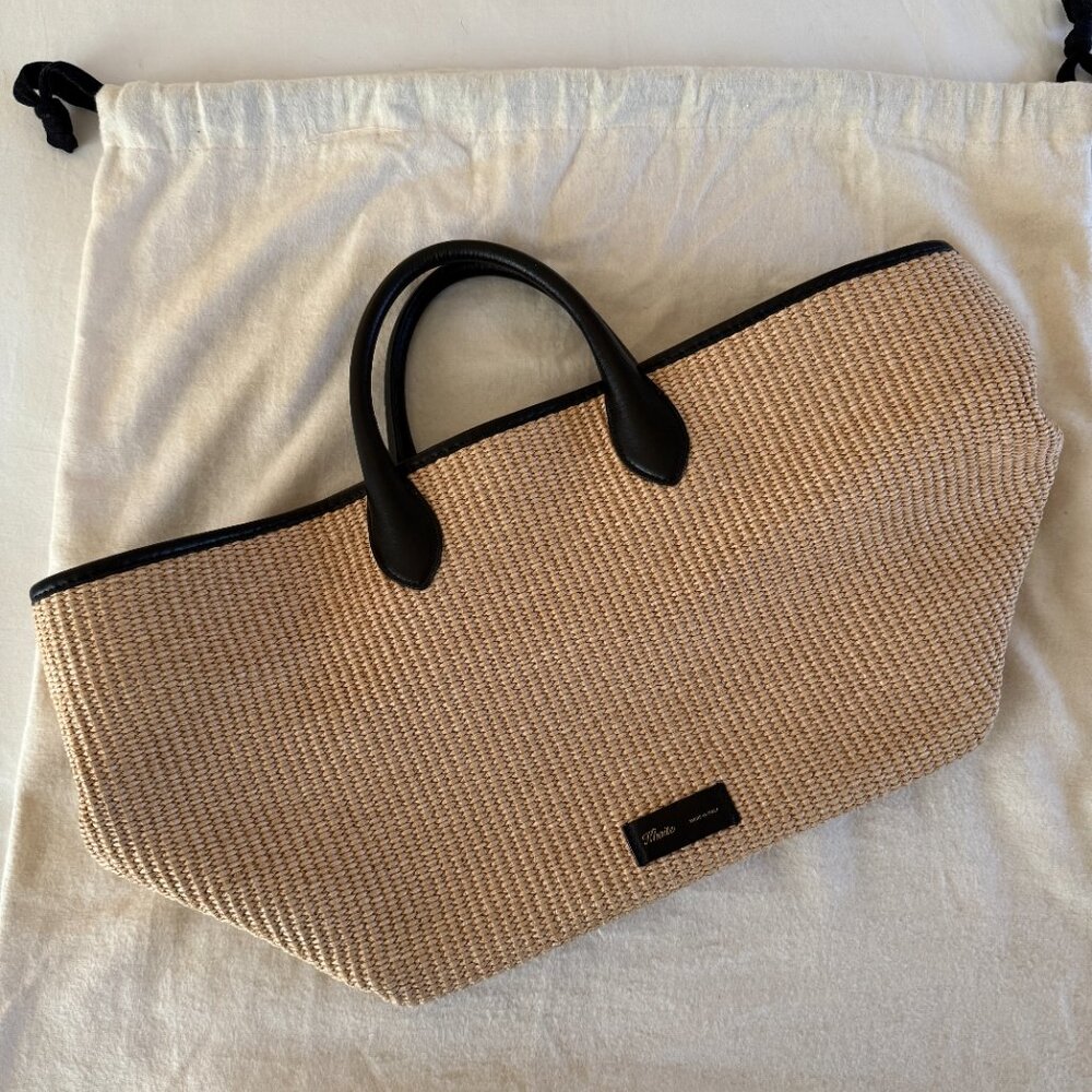 KHAITE Natural Straw Tote with Black Leather Handles - Picture 2 of 5